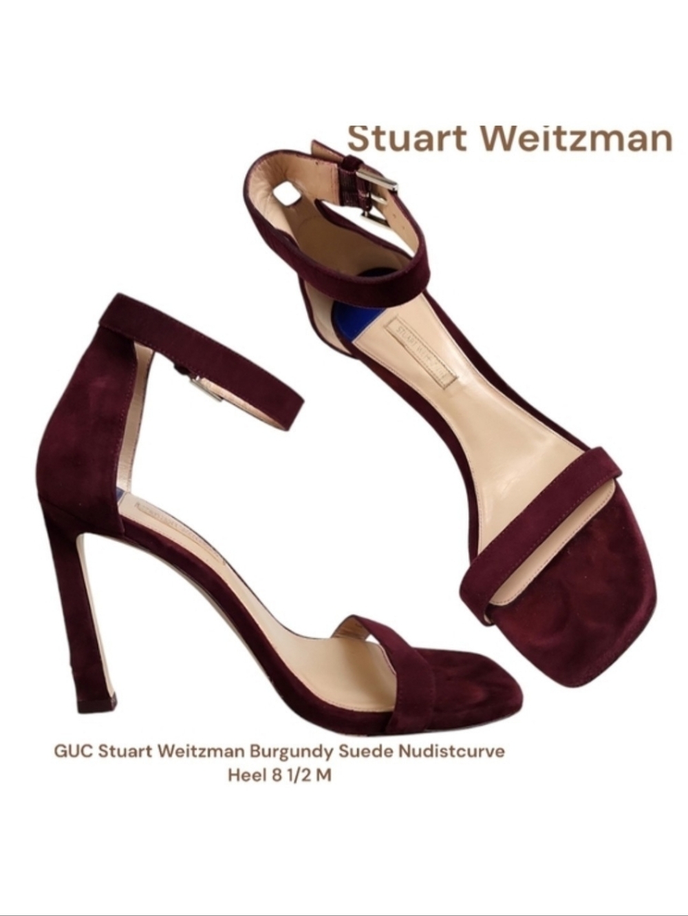 Stuart Weitzman Women's Burgundy Suede Nudistcurve Heels G 260502-7 open toe 8.5